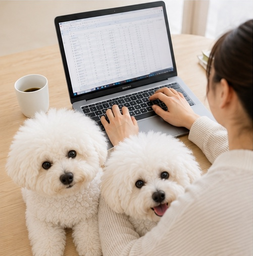 犬と一緒にパソコンでデータ入力をする様子
