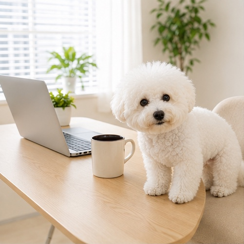 パソコンのそばにいる白い犬