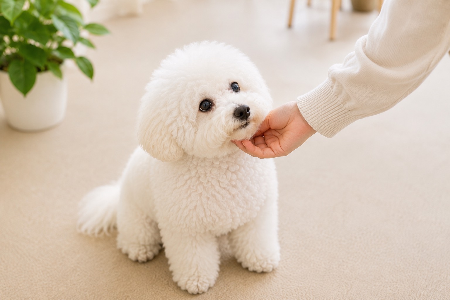 白い犬にやさしく触れている様子