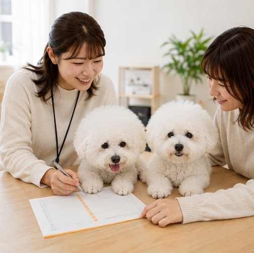 犬たちと一緒に相談するスタッフ