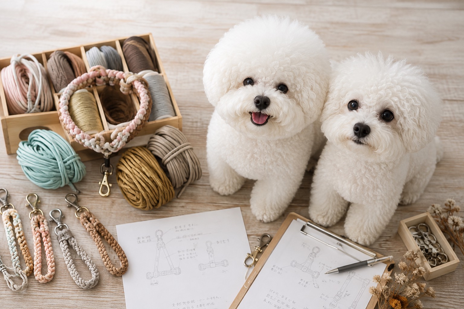 犬たちと一緒にペットグッズを制作する様子