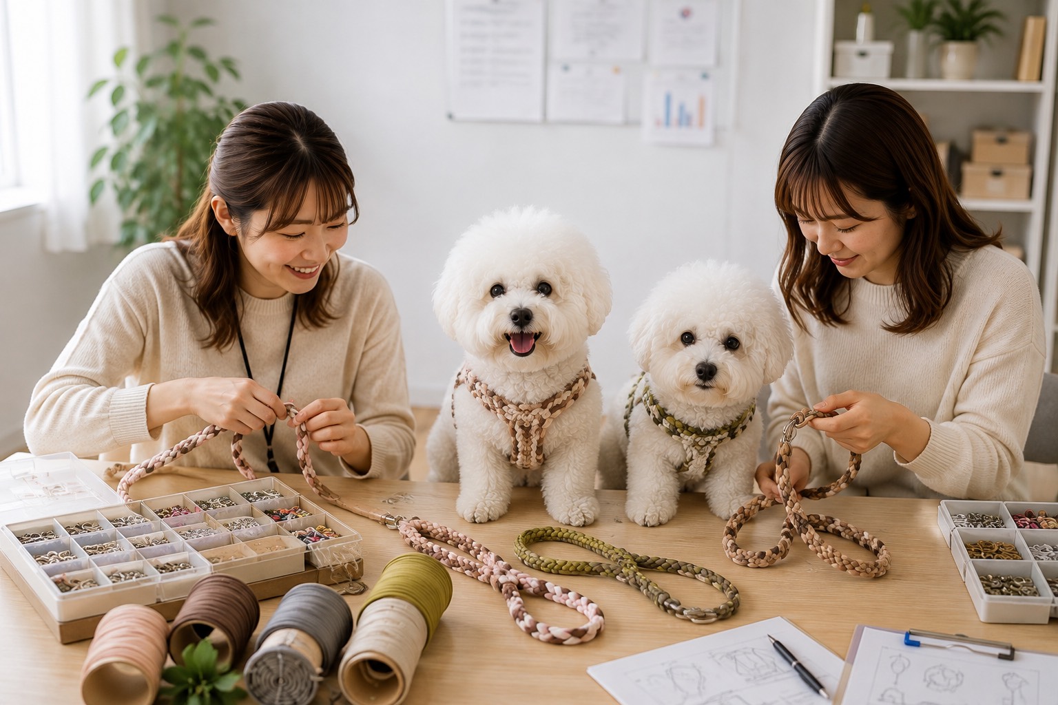 犬たちのそばでペットグッズを制作するスタッフ