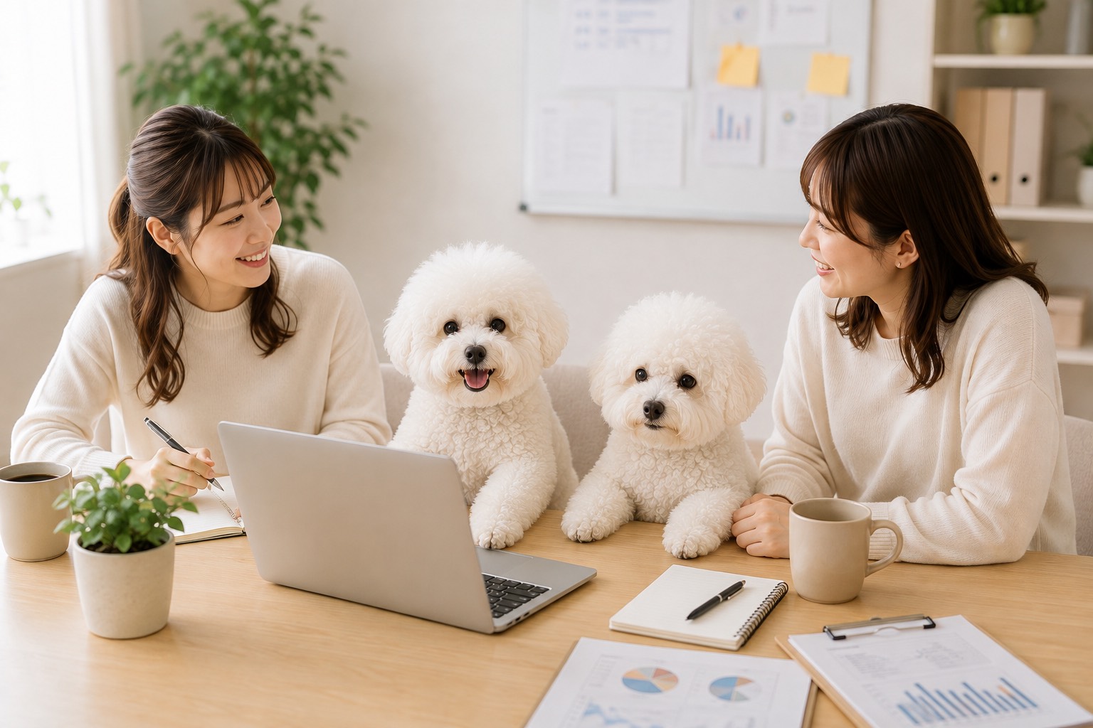 犬たちと一緒に打ち合わせをするスタッフ